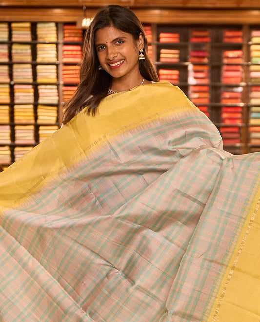 Pastel green thread checked silk saree, contrast yellow rettai pettu zari pillaiyar mokku border & zari weave pallu