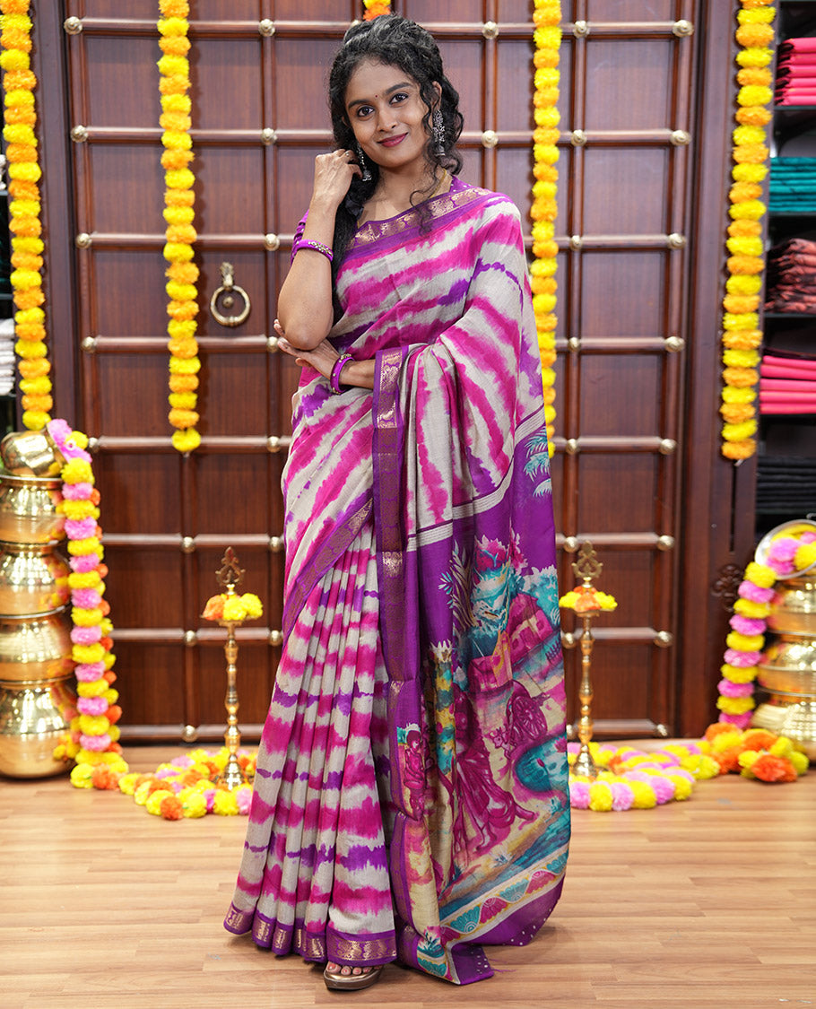 Pink shibori printed muslin cotton saree, contrast peacock zari border, village scenery printed pallu, and a contrast polka dotted zari border blouse