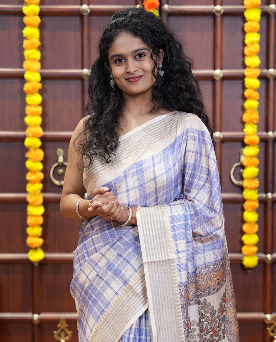 Blue checked patterned semi-tussar saree with contrast temple striped border, Madhubani printed pallu, and a contrast printed blouse