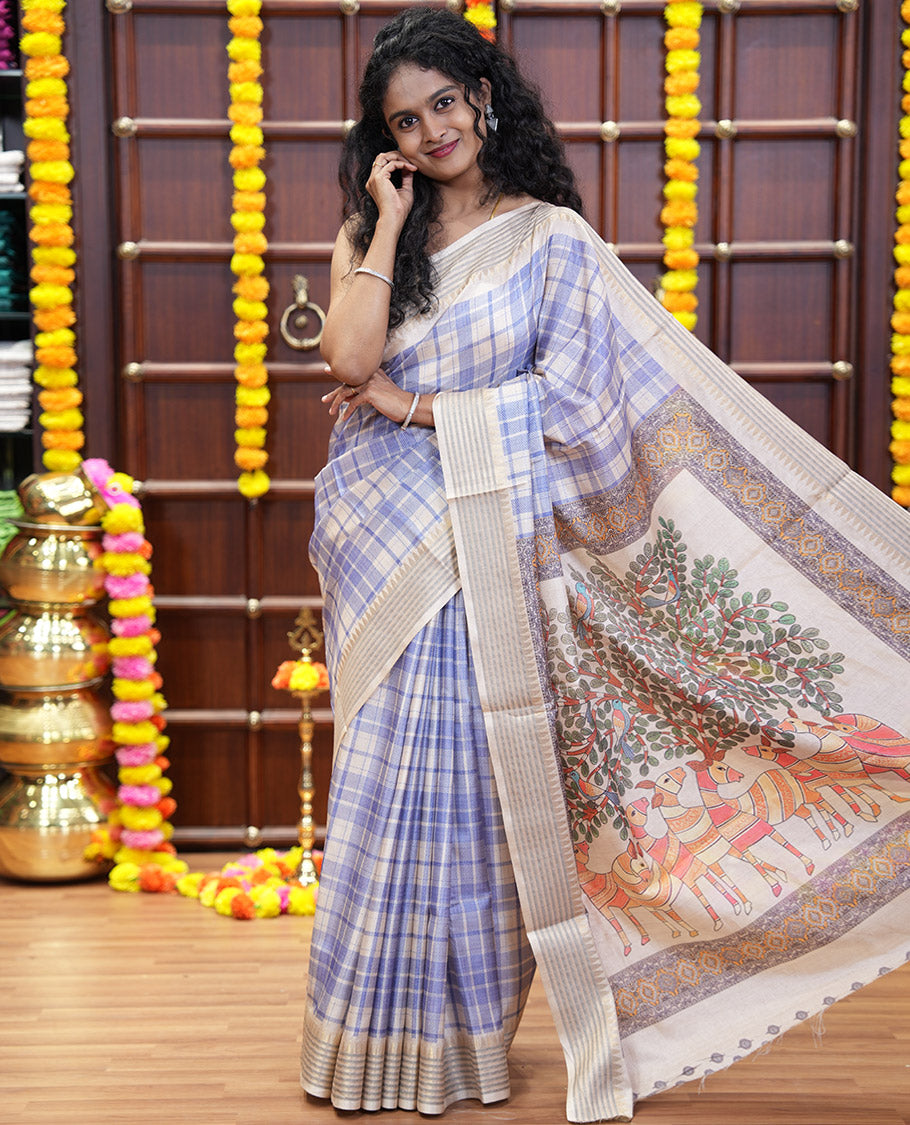 Blue checked patterned semi-tussar saree with contrast temple striped border, Madhubani printed pallu, and a contrast printed blouse