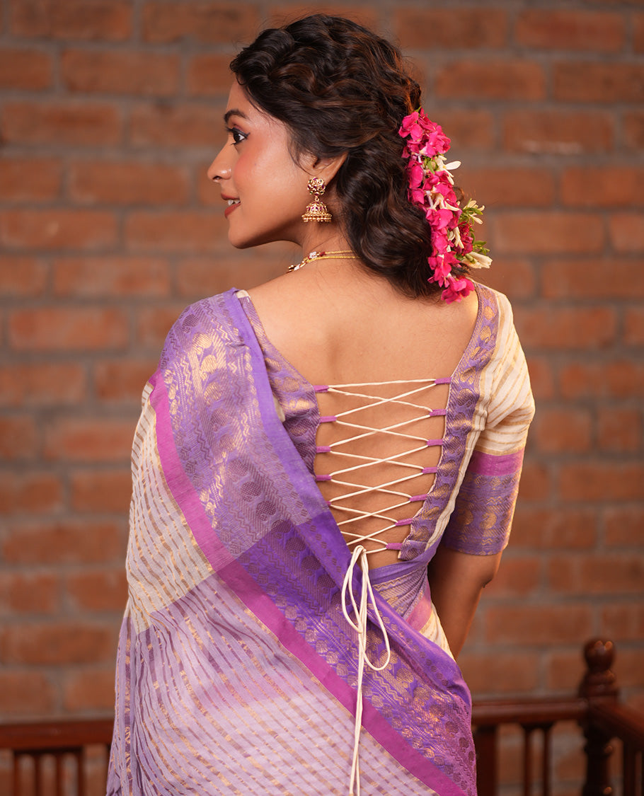 Cream Khadi Mul Cotton Saree, Adorned with Horizontal Stripes on Its Body, Complemented by a Contrast Traditional Zari Design Border, Zari Striped Pallu, and Paired with a Matching Blouse