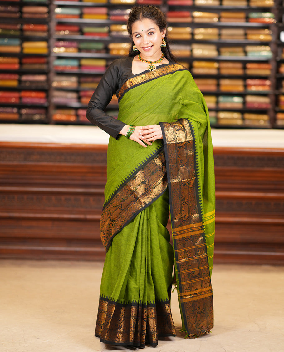 Green Plain Chettinad Cotton Saree, a Contrast Temple Elephant-Peacock Zari Border, Striped Pallu, and a Matching Blouse