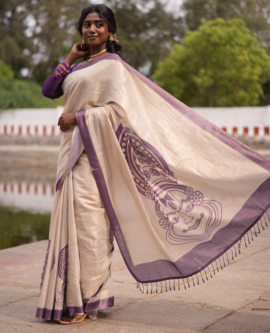 Gold Tissue Saree, Features Kathakali Motifs Print, a Contrast Border and a Contrast Blouse