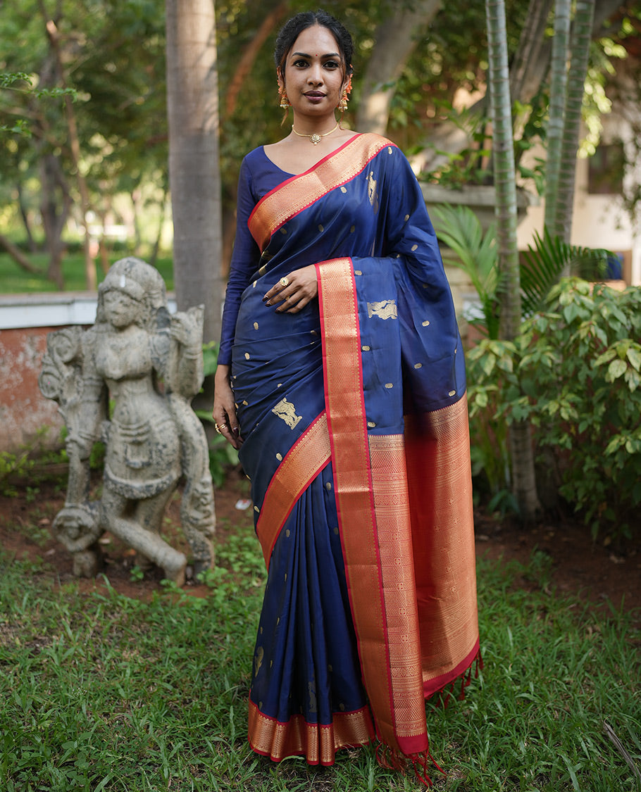 Navy Blue-Red Vasundhara Lite Silk Mix Saree