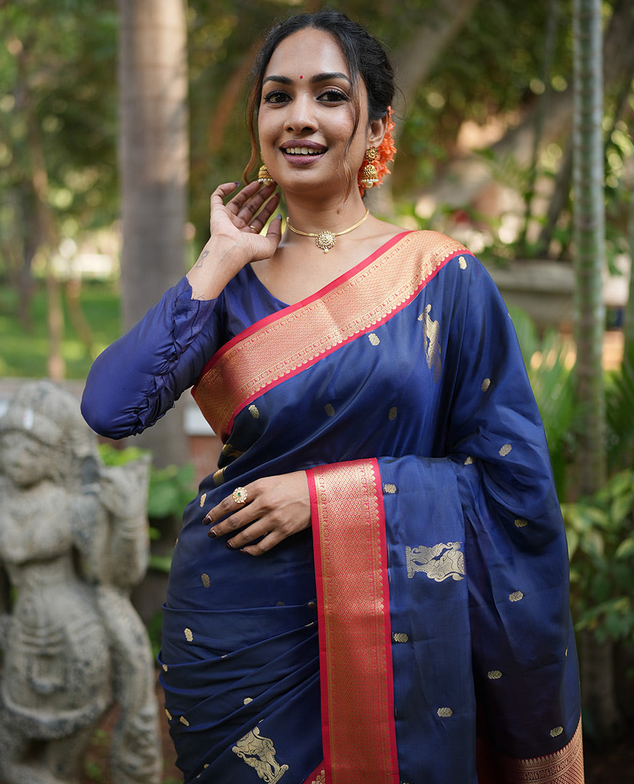 Navy Blue-Red Vasundhara Lite Silk Mix Saree