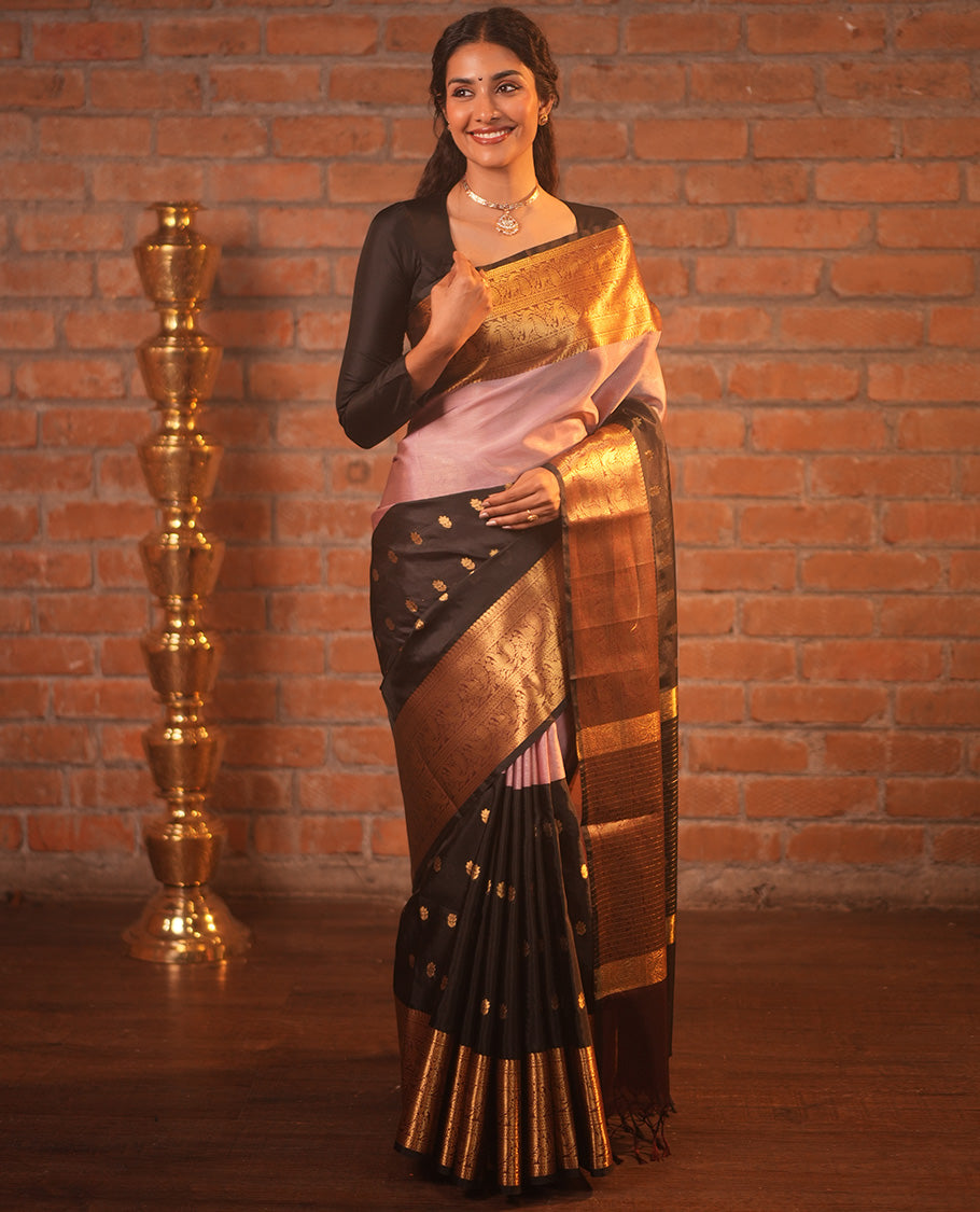 Pink and Black Banarasi Tissue Saree, Adorned with Half-And-Half-Style and Zari Buttas All Over Its Body, Complemented by a Contrast Traditional Zari Design Border, a Self-Pallu, and Paired with a Matching Blouse