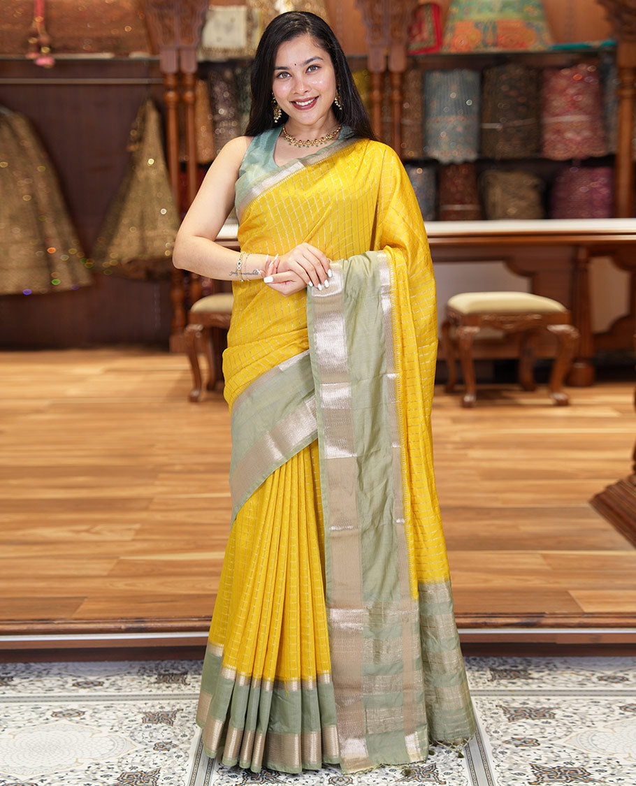 Yellow Assam Silk Saree, Ornamented with Micro-Checked Zari Design All Over Its Body, Complemented by a Contrast Traditional Design Rettai Pettu Border, Zari Design Pallu, and Paired with a Contrast Blouse