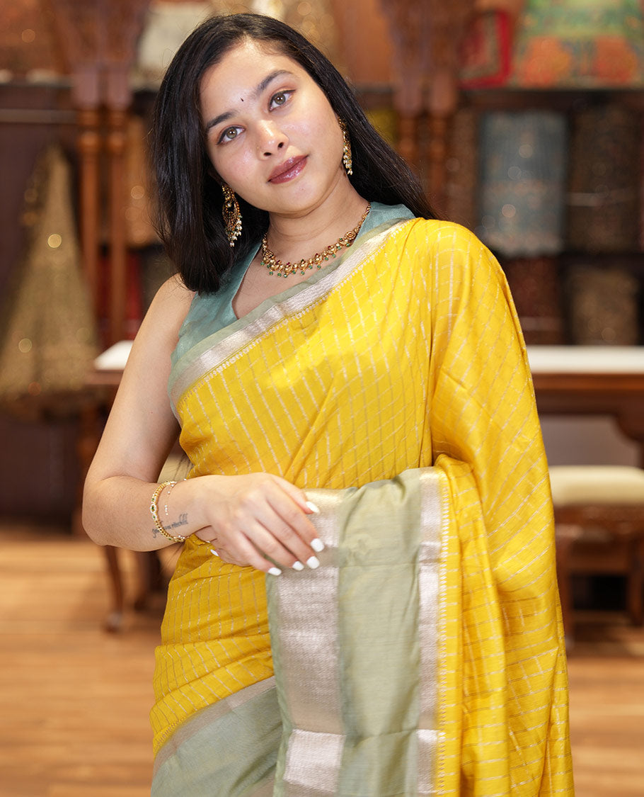 Yellow Assam Silk Saree, Ornamented with Micro-Checked Zari Design All Over Its Body, Complemented by a Contrast Traditional Design Rettai Pettu Border, Zari Design Pallu, and Paired with a Contrast Blouse