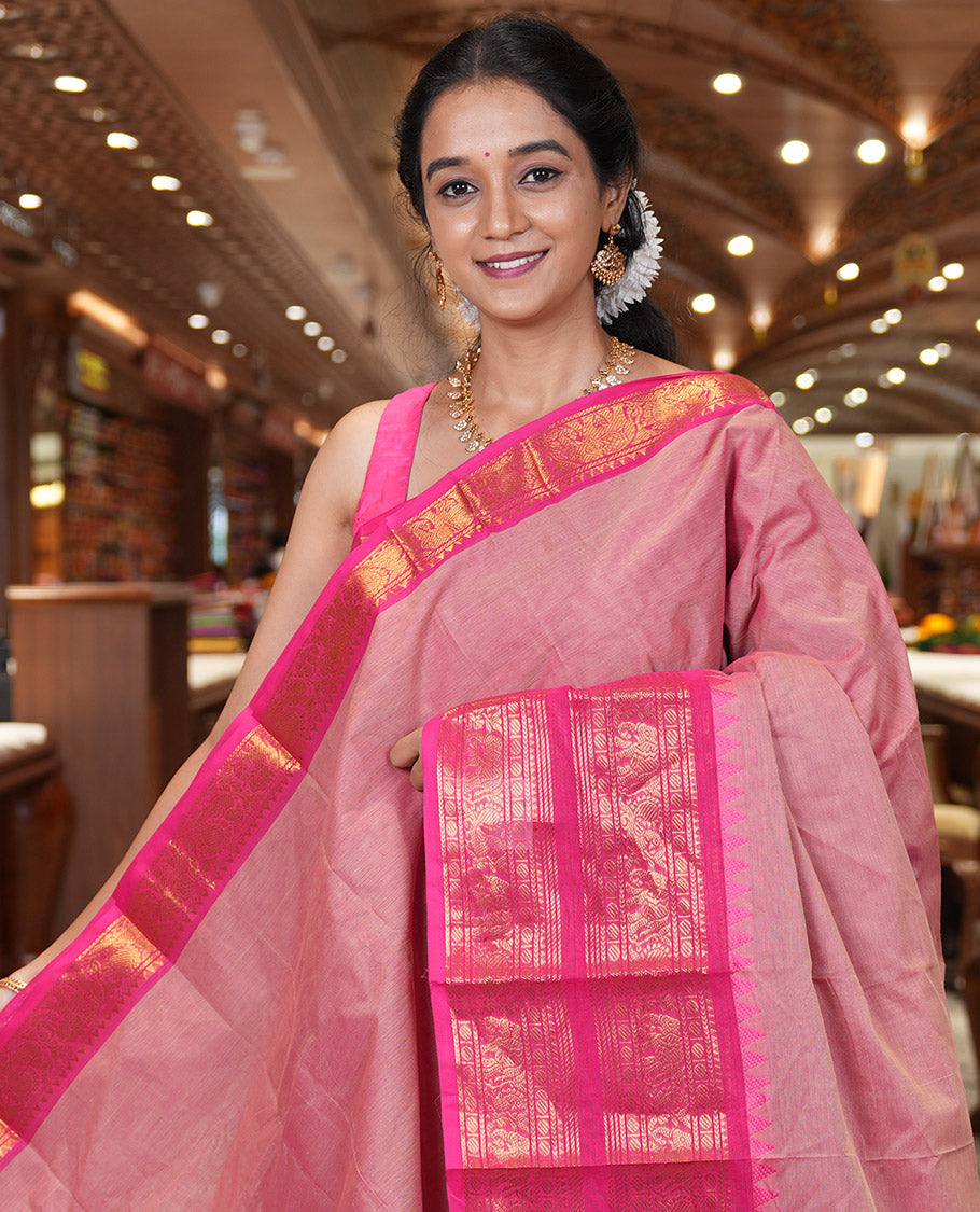 Pink Plain Chettinad Cotton Saree, a Contrast Traditional Rettai Pettu Temple Border, Striped Palu, and a Matching Blouse