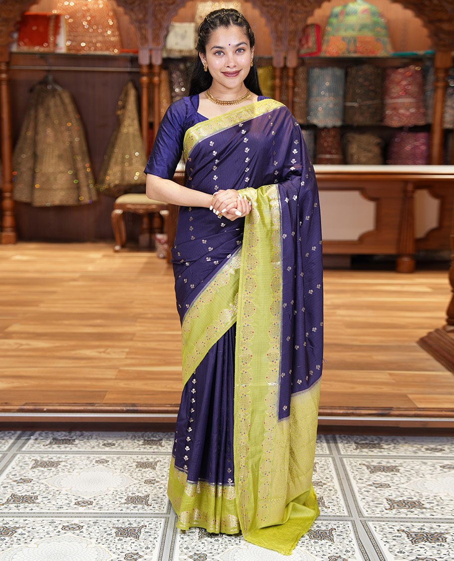Blue-Colored Green Mango-Silk Saree, Enriched with Floral Zari Buttas All Over Its Body, Complemented by a Contrast Meenakari-Zari Floral Design Border, Pallu of Floral Jaal Designs, and Paired with a Contrast Blouse