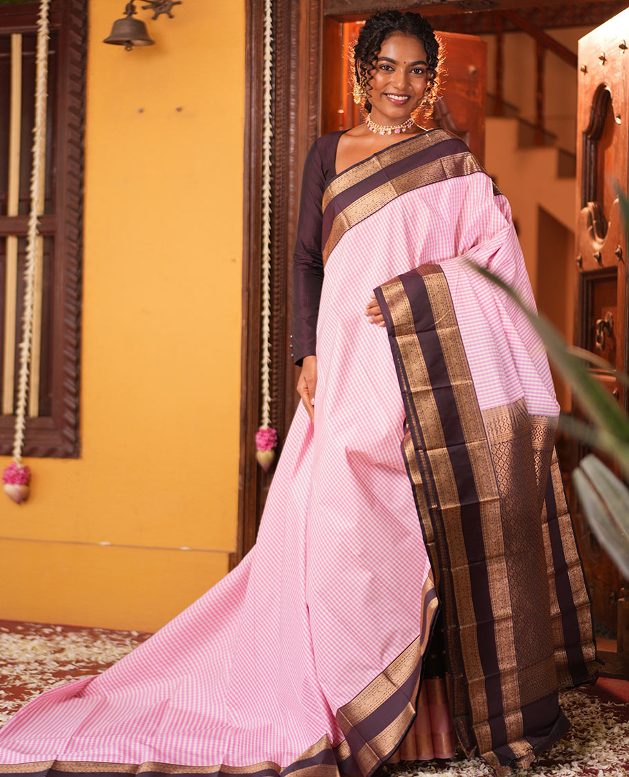 Off-White-Pink Checked Budget SilkSaree, Contrast Rettai Pettu Border, Contrast Blouse