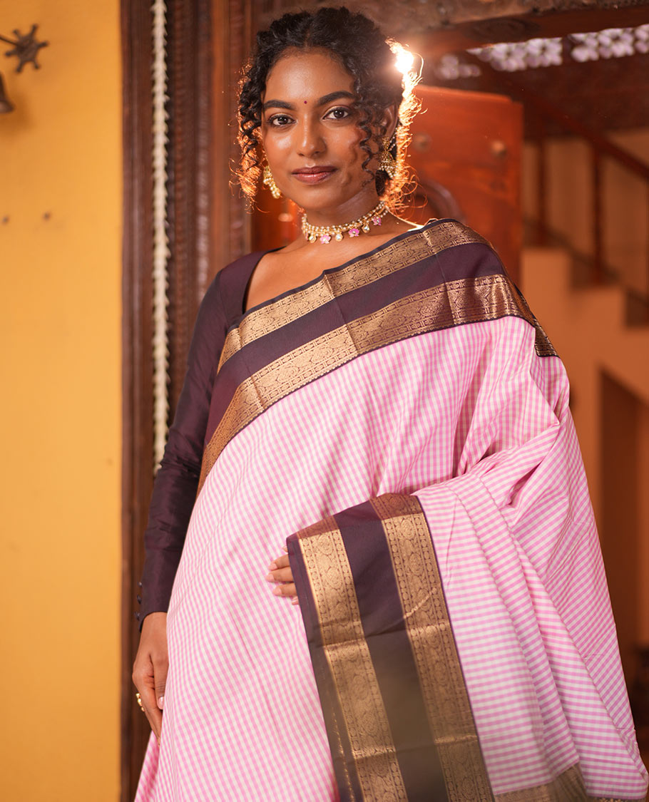 Off-White-Pink Checked Budget SilkSaree, Contrast Rettai Pettu Border, Contrast Blouse