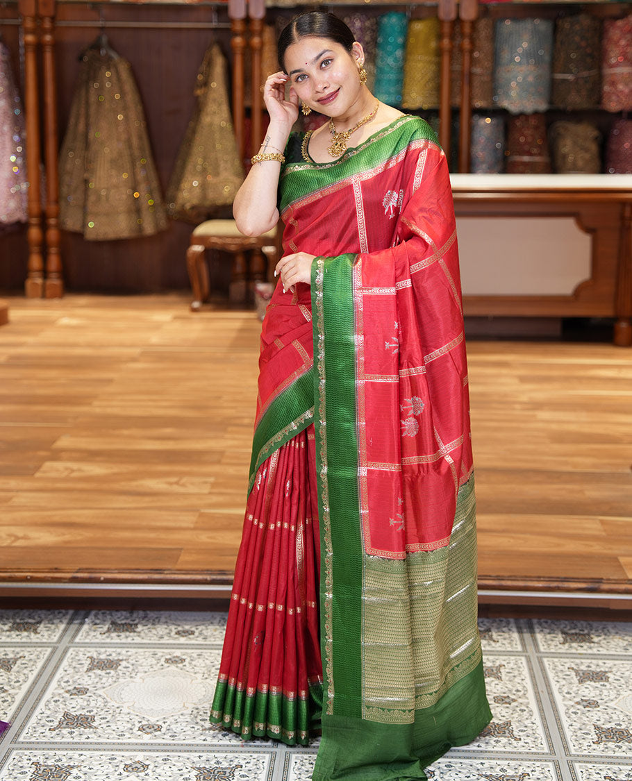 Red Mango-Silk Saree, Artfully Detailed with Meena Butta Enclosed Checks All Over Its Body, Complemented by a Contrast Floral Creeper Meenakari Border, Gleaming Zari Striped Pallu, and Paired with a Contrast Blouse