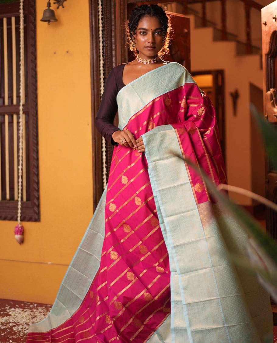 Dark Pink Zari Design Budget Silk Saree, Contrast Traditional Border, Contrast Blouse