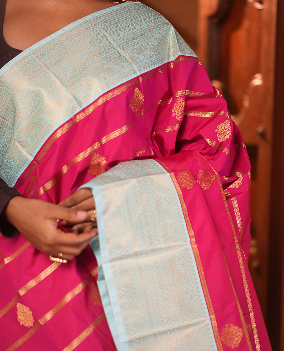Dark Pink Zari Design Budget Silk Saree, Contrast Traditional Border, Contrast Blouse