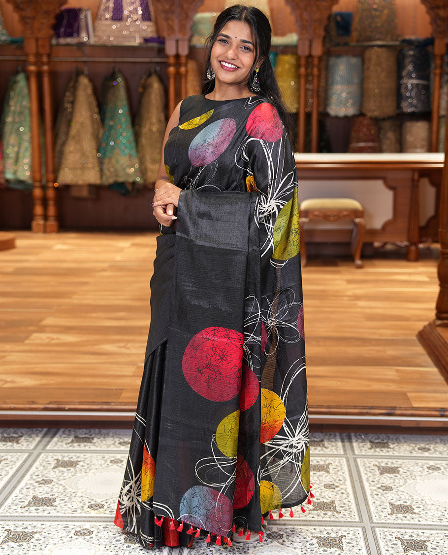 Borderless Black and Red Khadi Cotton Saree, Adorned with Big Circles Motifs, Floral Motifs, and Batik Print on Its Body, Self-Printed Pallu, and Paired with a Matching Printed Blouse