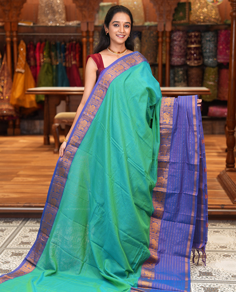 Sea Green Plain Mercerised Cotton Saree, Contrast Traditional Zari Peacock Border, Striped Pallu, and a Matching Blouse