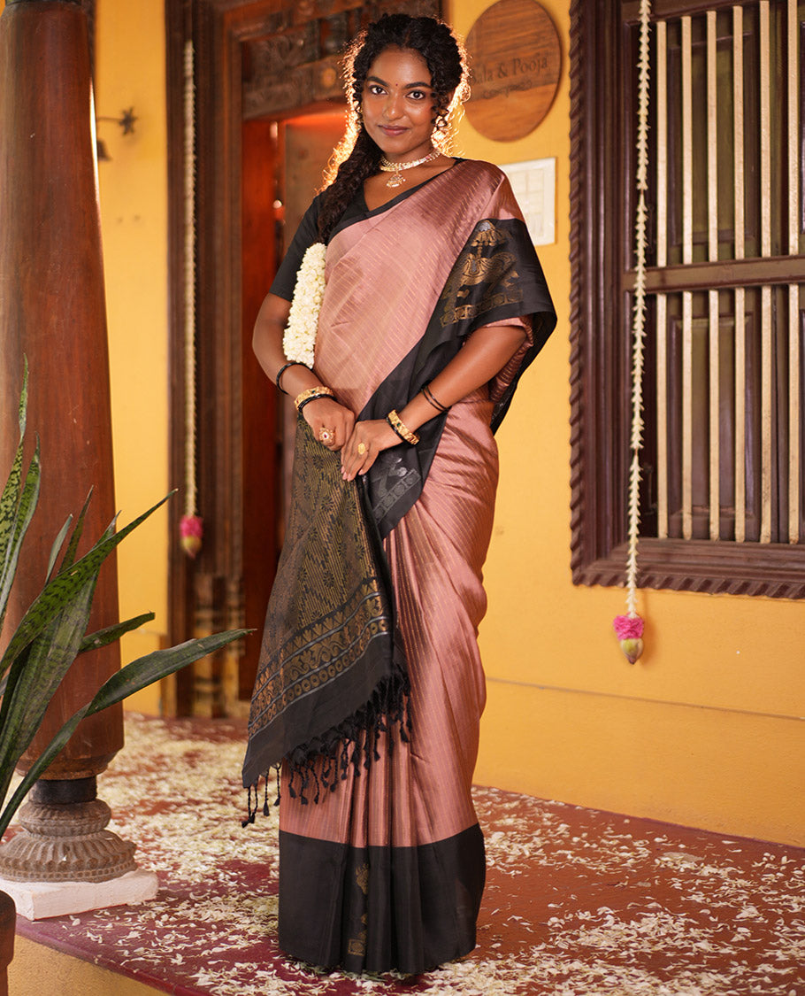Onion Pink-Black Striped Mayuri Lite Silkmix , Contrast Border, Blouse