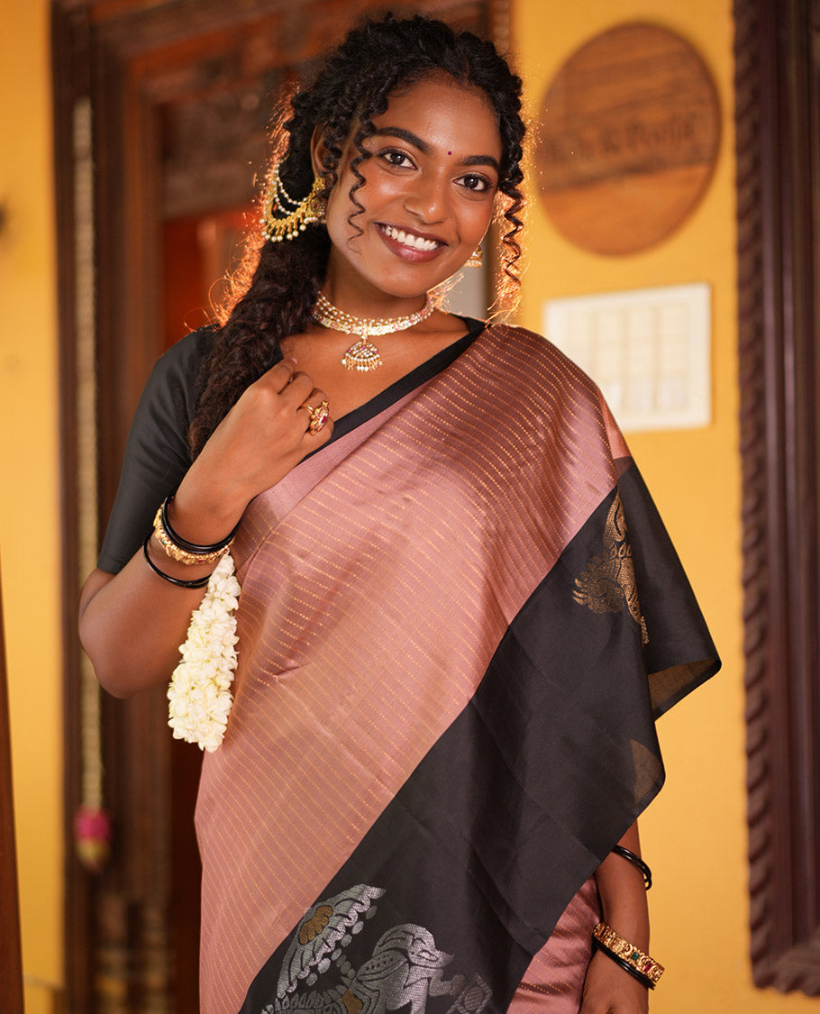 Onion Pink-Black Striped Mayuri Lite Silkmix , Contrast Border, Blouse