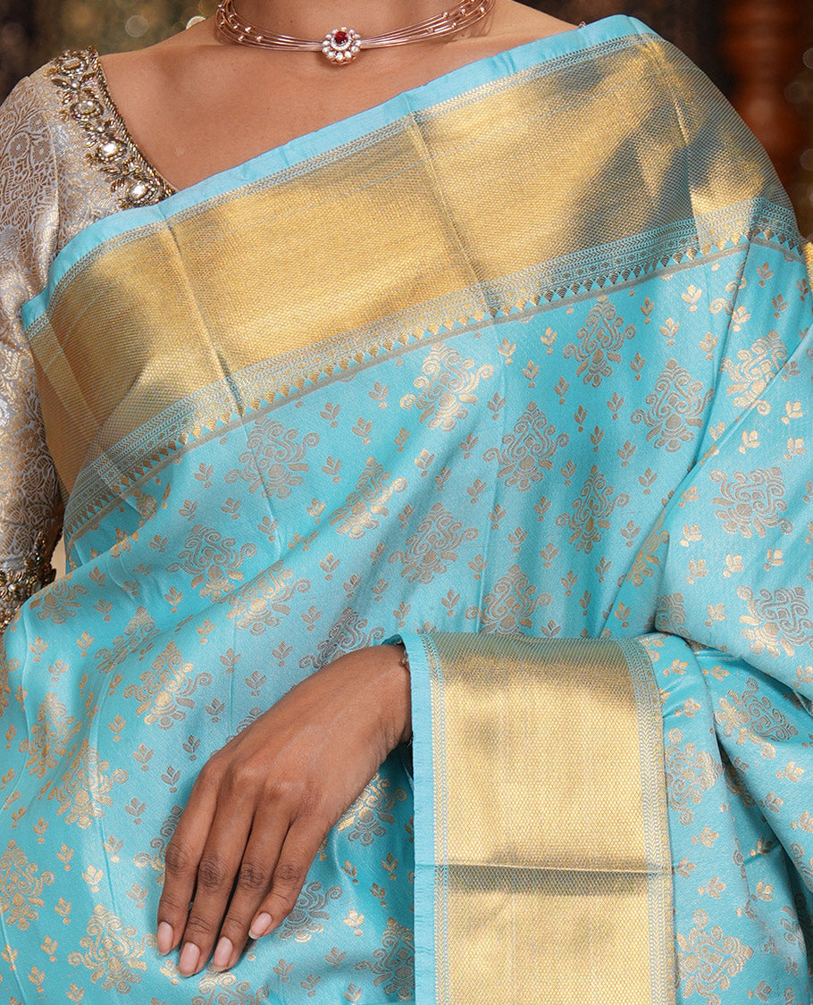 Sky Blue Budget Silk Saree, Enriched with Zari Buttas All Over Its Body, Highlighted by Traditional Zari Designs Woven Border, Grand Pallu, Paired with a Matching Blouse - Inspired by Trisha Blue Saree