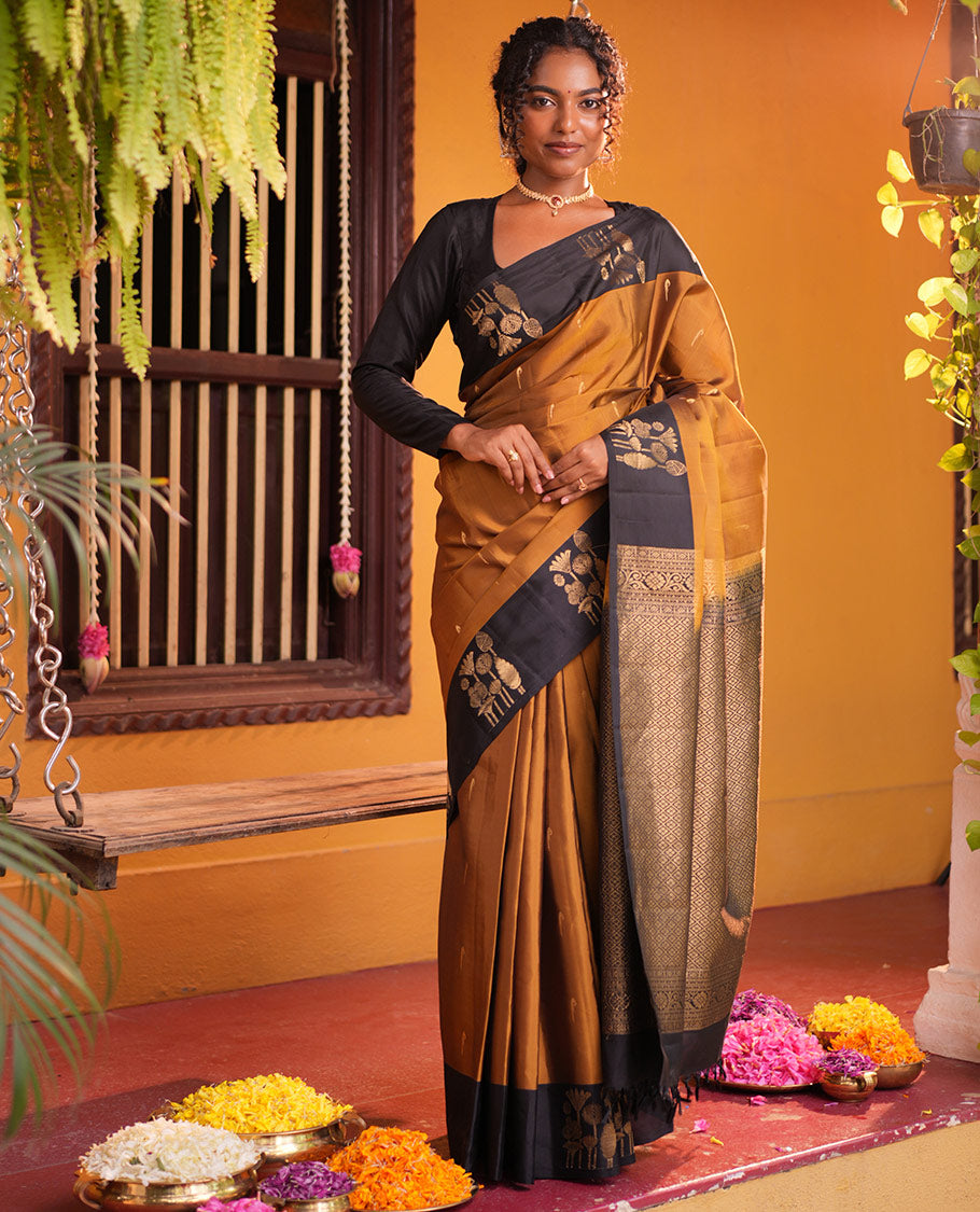 Mehendi Gold Muniya Buttas Vasundhara Lite Silk Mix Saree, Contrast Border, Jaal Pallu, Contrast Blouse