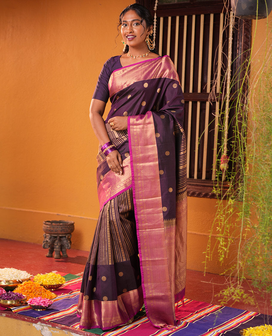 Purple-Magenta Zari Design Vasundhara Lite SilkMix Saree,Contrast Traditional Border,Contrast Blouse