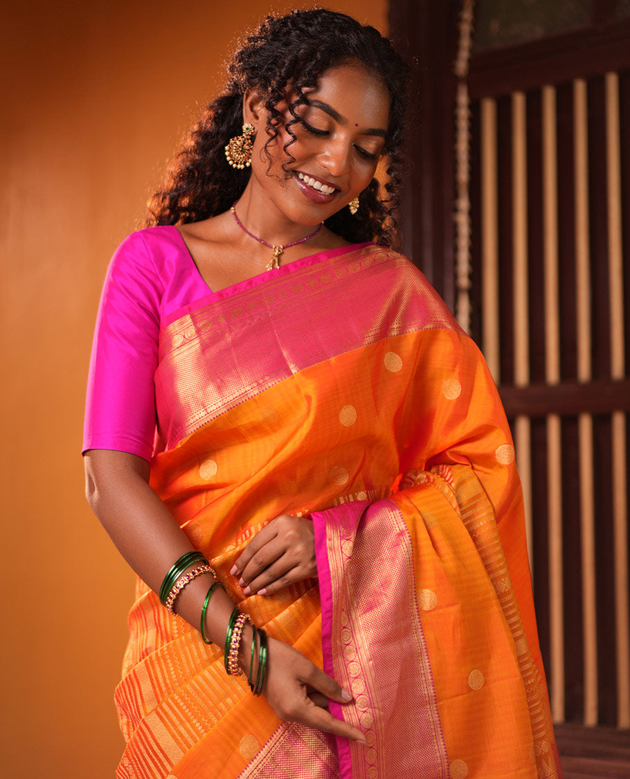 Pink-Orange Zari Design Vasundhara Lite Silk Mix Saree, Contrast Traditional Border, Contrast Blouse