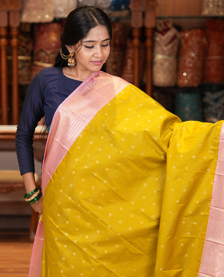 Lemon Green-Peach Budget Silk Saree