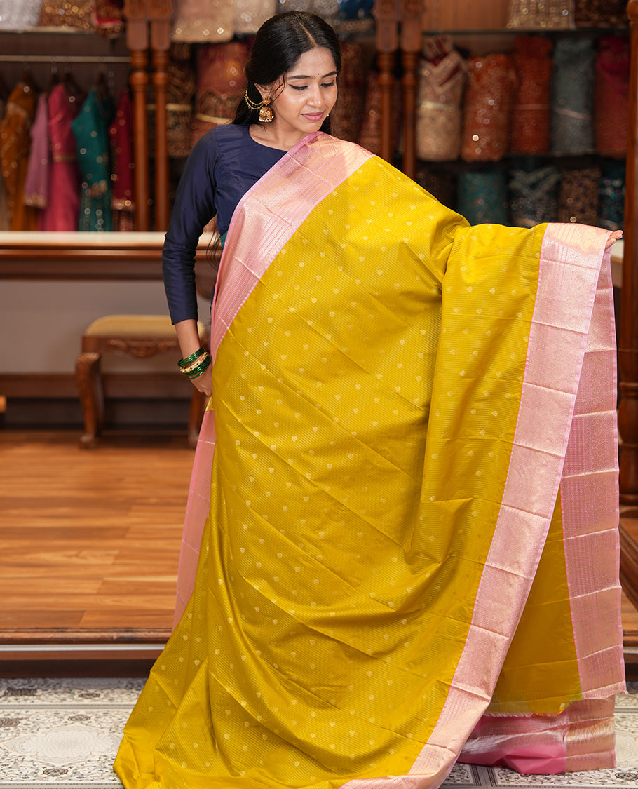 Lemon Green-Peach Budget Silk Saree