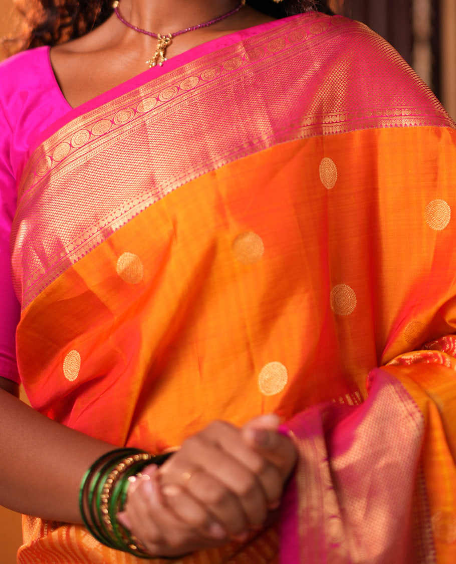 Pink-Orange Zari Design Vasundhara Lite Silk Mix Saree, Contrast Traditional Border, Contrast Blouse