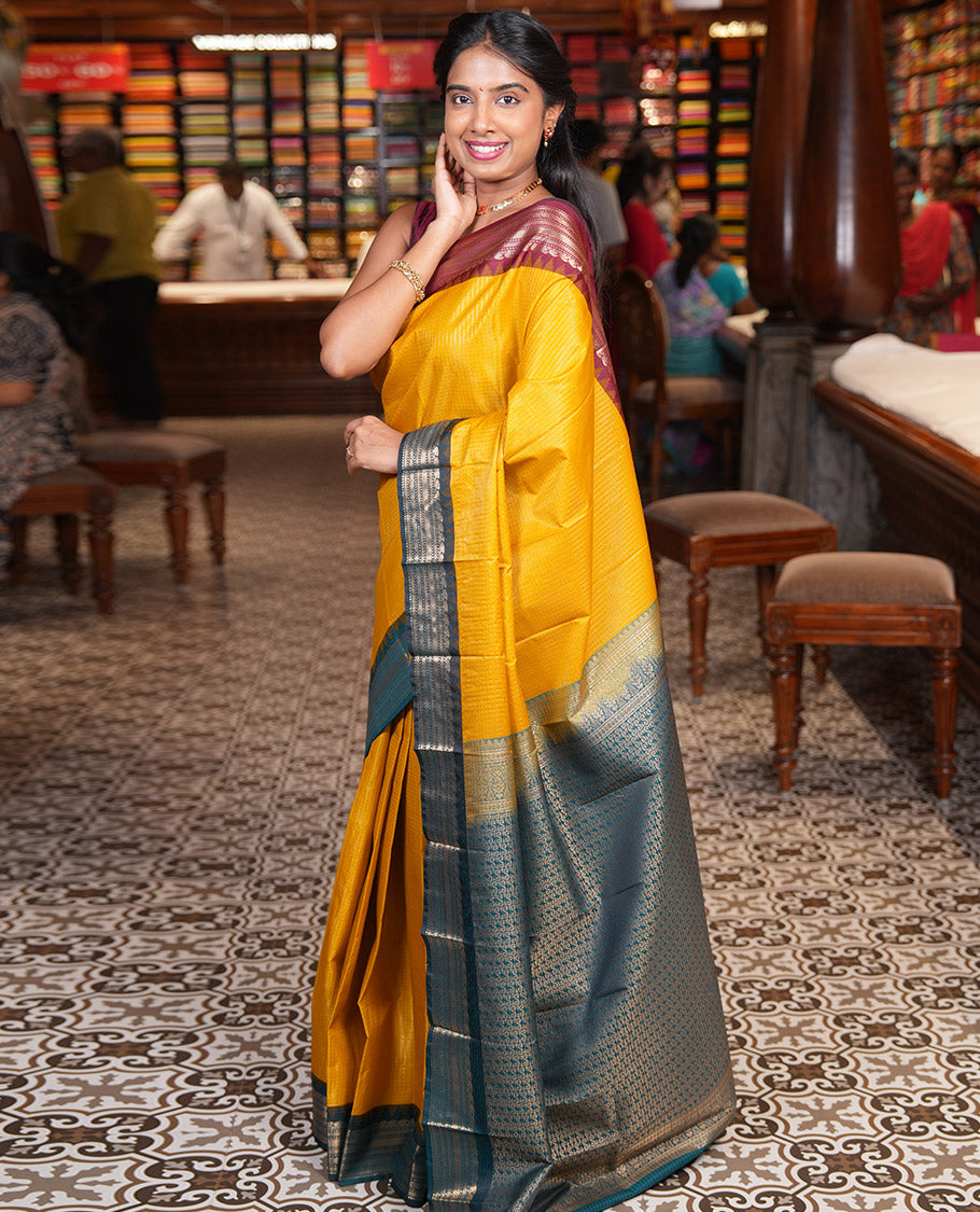 Mustard Zari Checked Budget Silk Saree, Contrast Ganga-Jamuna Traditional Temple Border, Grand Pallu, and a Contrast Blouse