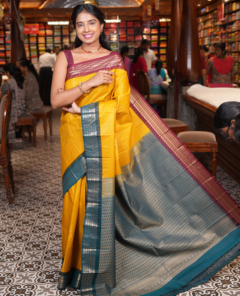 Mustard Zari Checked Budget Silk Saree, Contrast Ganga-Jamuna Traditional Temple Border, Grand Pallu, and a Contrast Blouse