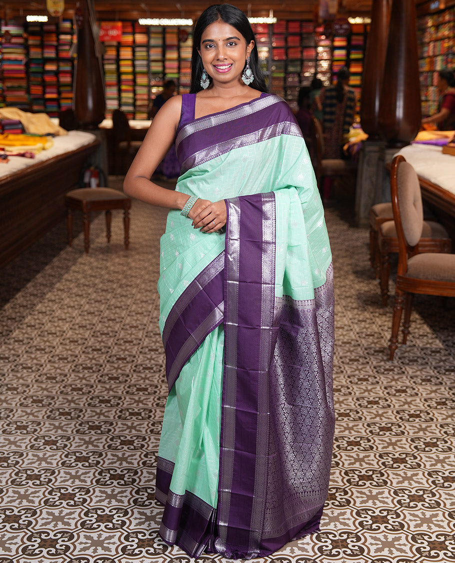 Apple Green-Dark Purple Zari Checked Budget Silk Saree, Contrast Traditional Border, Intricate Pallu, and Contrast Blouse