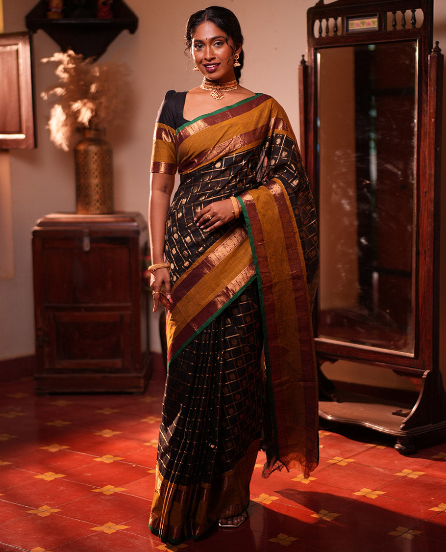 Black Chettinad Cotton Saree, Decorated with Mayil-Chakra Butta Enclosed Checks, a Contrast Rettai Pettu Border, Grand Pallu, a Matching Blouse