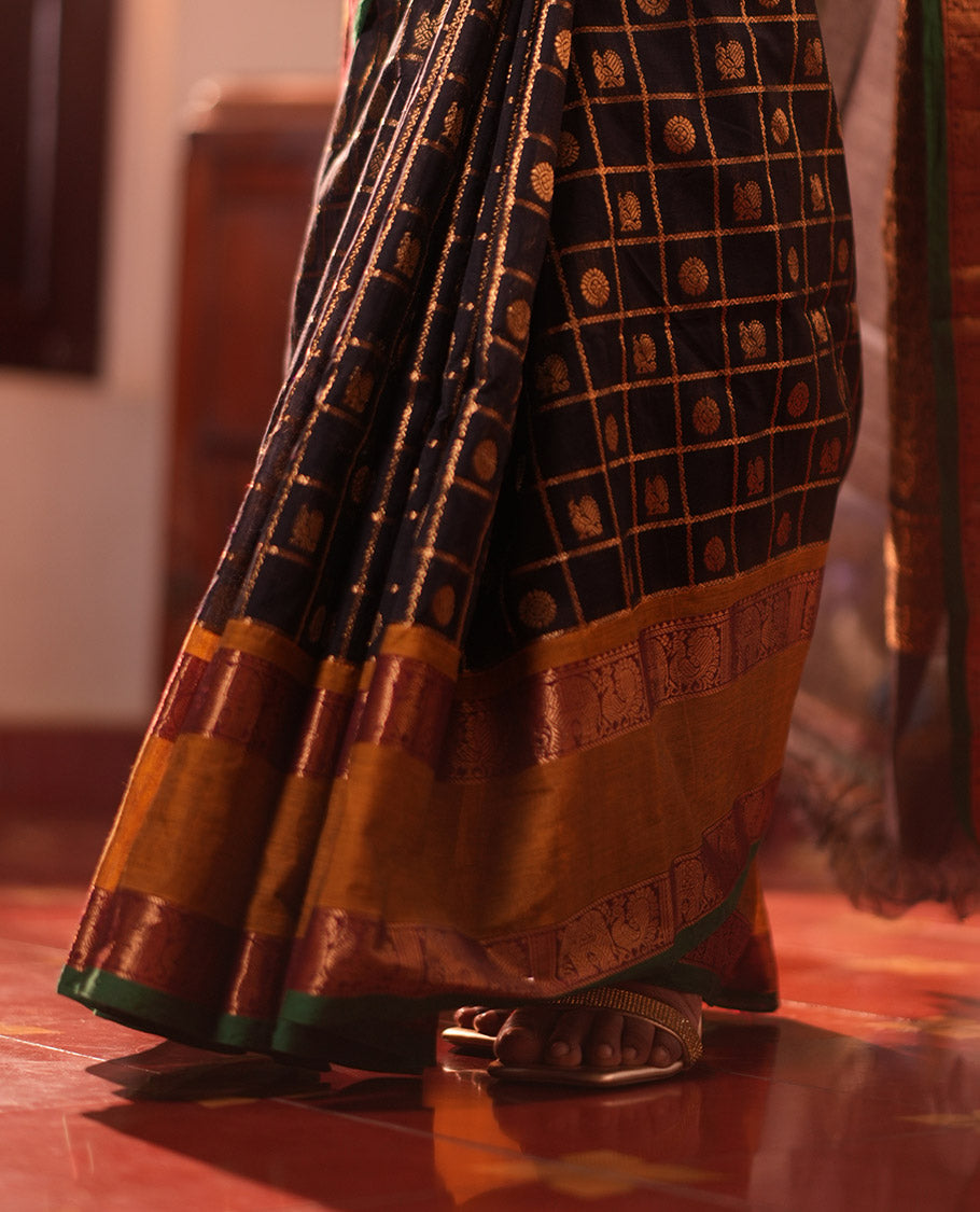Black Chettinad Cotton Saree, Decorated with Mayil-Chakra Butta Enclosed Checks, a Contrast Rettai Pettu Border, Grand Pallu, a Matching Blouse