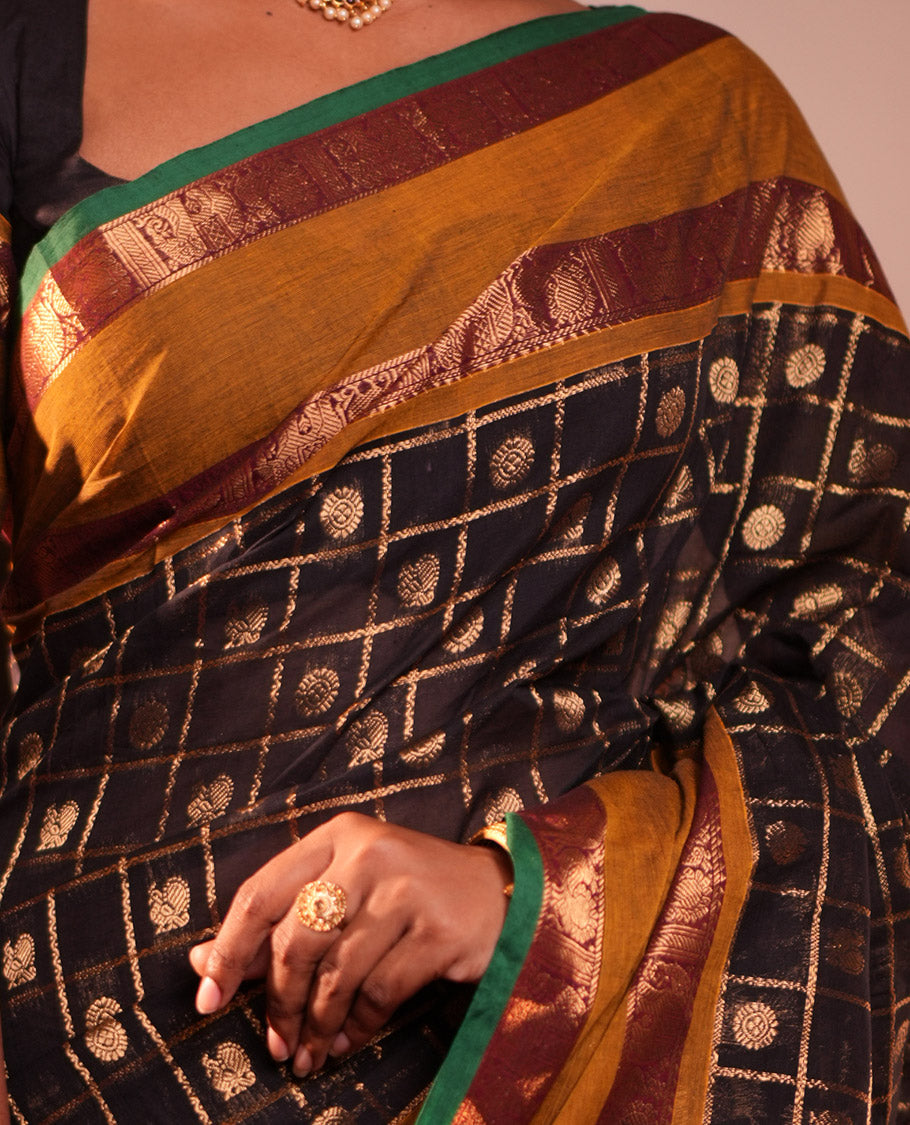 Black Chettinad Cotton Saree, Decorated with Mayil-Chakra Butta Enclosed Checks, a Contrast Rettai Pettu Border, Grand Pallu, a Matching Blouse