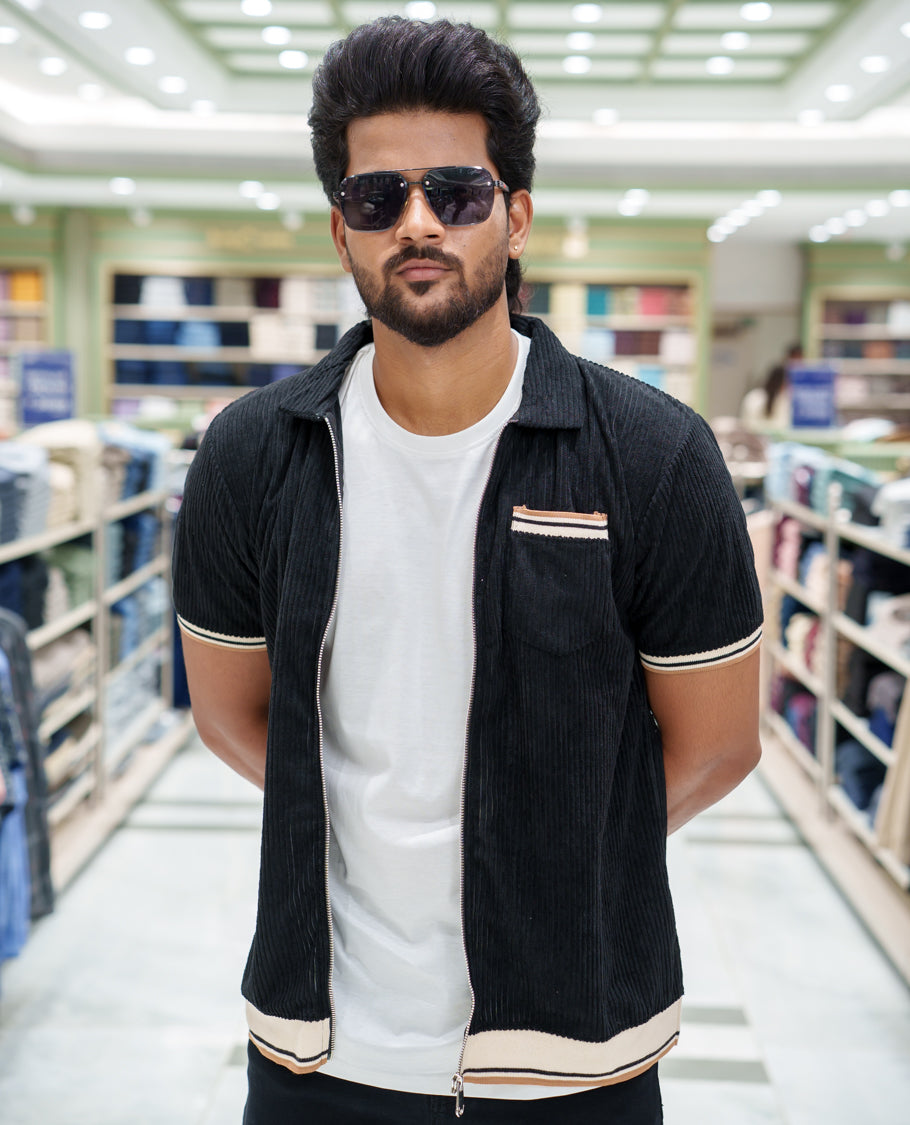 Black Corduroy Jacket, Featuring Sparse Stripes, a Polo Collar, Half Sleeves, Regular Fit, and Regular Length
