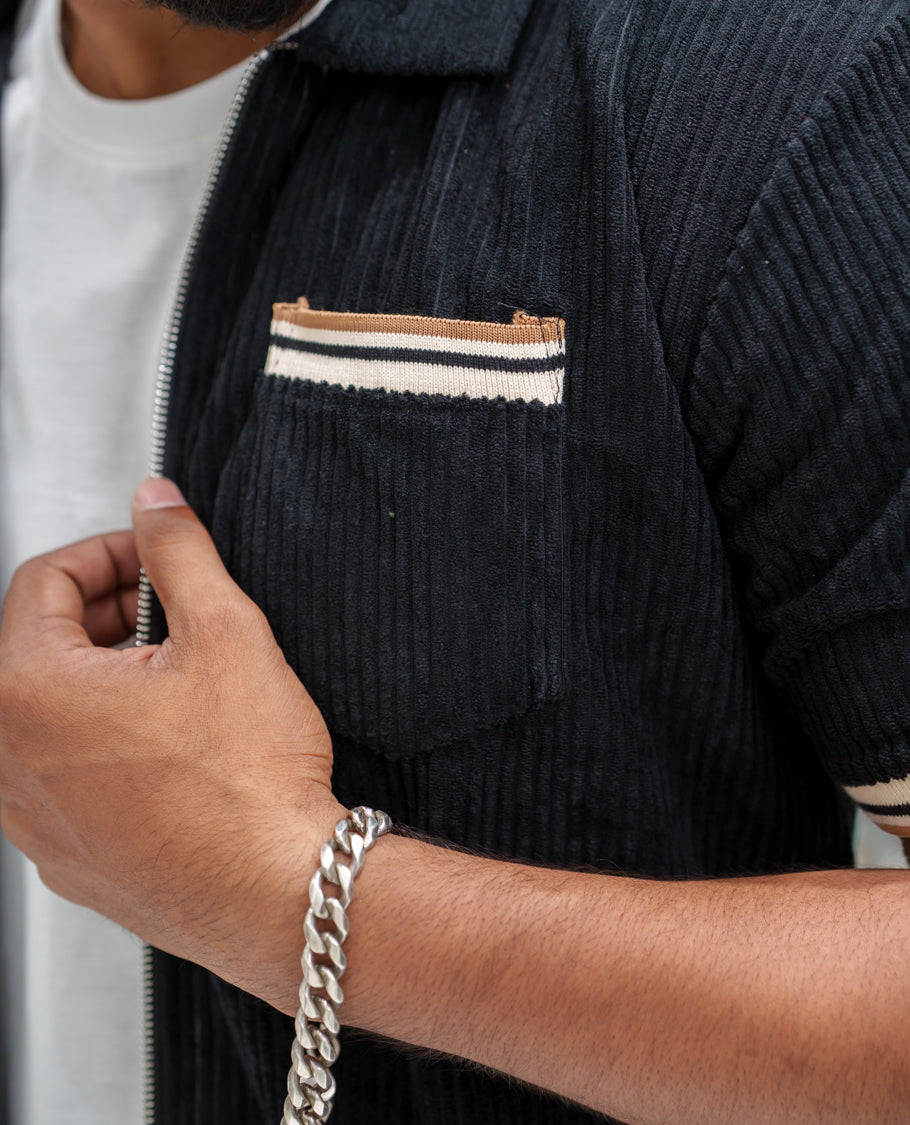 Black Corduroy Jacket, Featuring Sparse Stripes, a Polo Collar, Half Sleeves, Regular Fit, and Regular Length