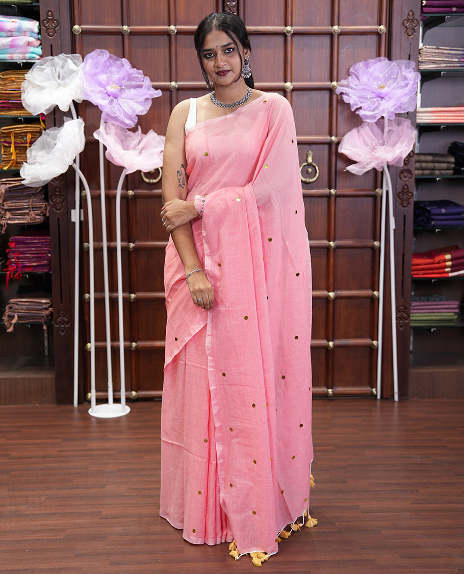 Borderless Peach Khadi Mul Cotton Saree, Gleamed Up with Sequins Work All Over Its Bodyt, and Pallu, and Paired with a Matching Blouse