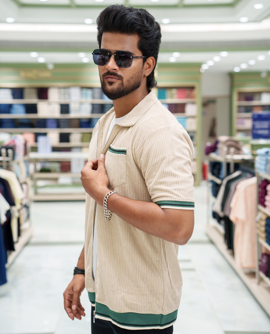 Cream Corduroy Jacket, Featuring Sparse Stripes, a Polo Collar, Half Sleeves, Regular Fit, and Regular Length