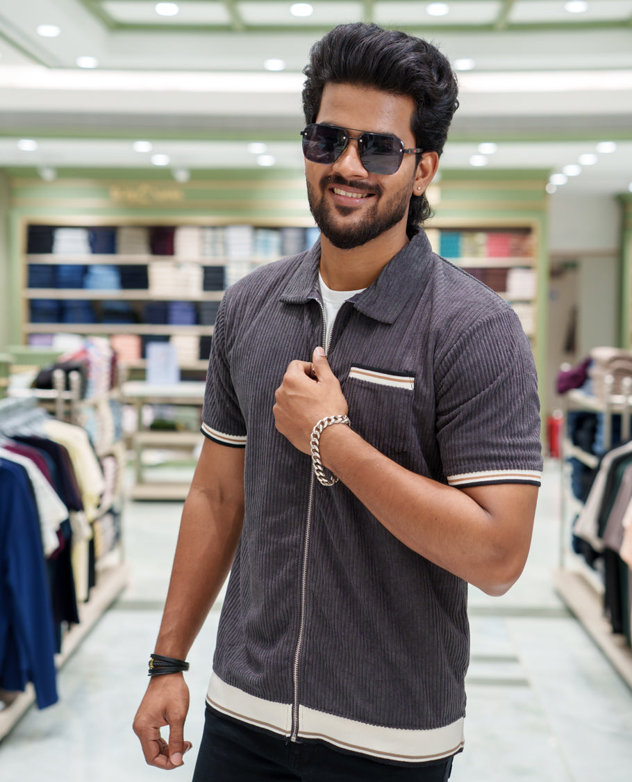 Dark Grey Corduroy Jacket, Featuring Sparse Stripes, a Polo Collar, Half Sleeves, Regular Fit, and Regular Length