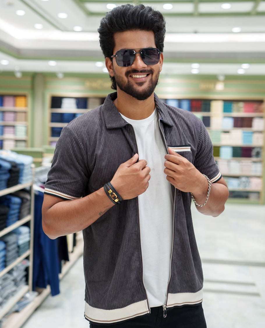 Dark Grey Corduroy Jacket, Featuring Sparse Stripes, a Polo Collar, Half Sleeves, Regular Fit, and Regular Length