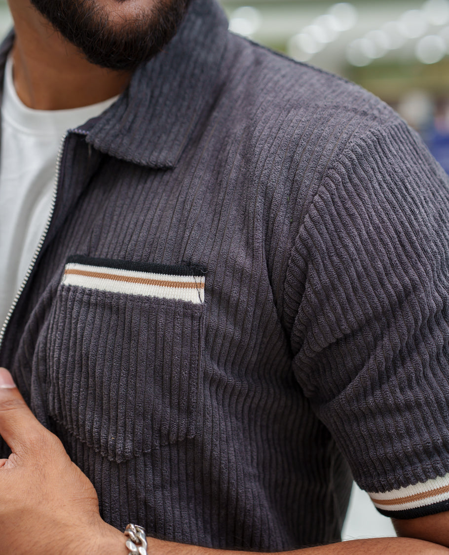 Dark Grey Corduroy Jacket, Featuring Sparse Stripes, a Polo Collar, Half Sleeves, Regular Fit, and Regular Length