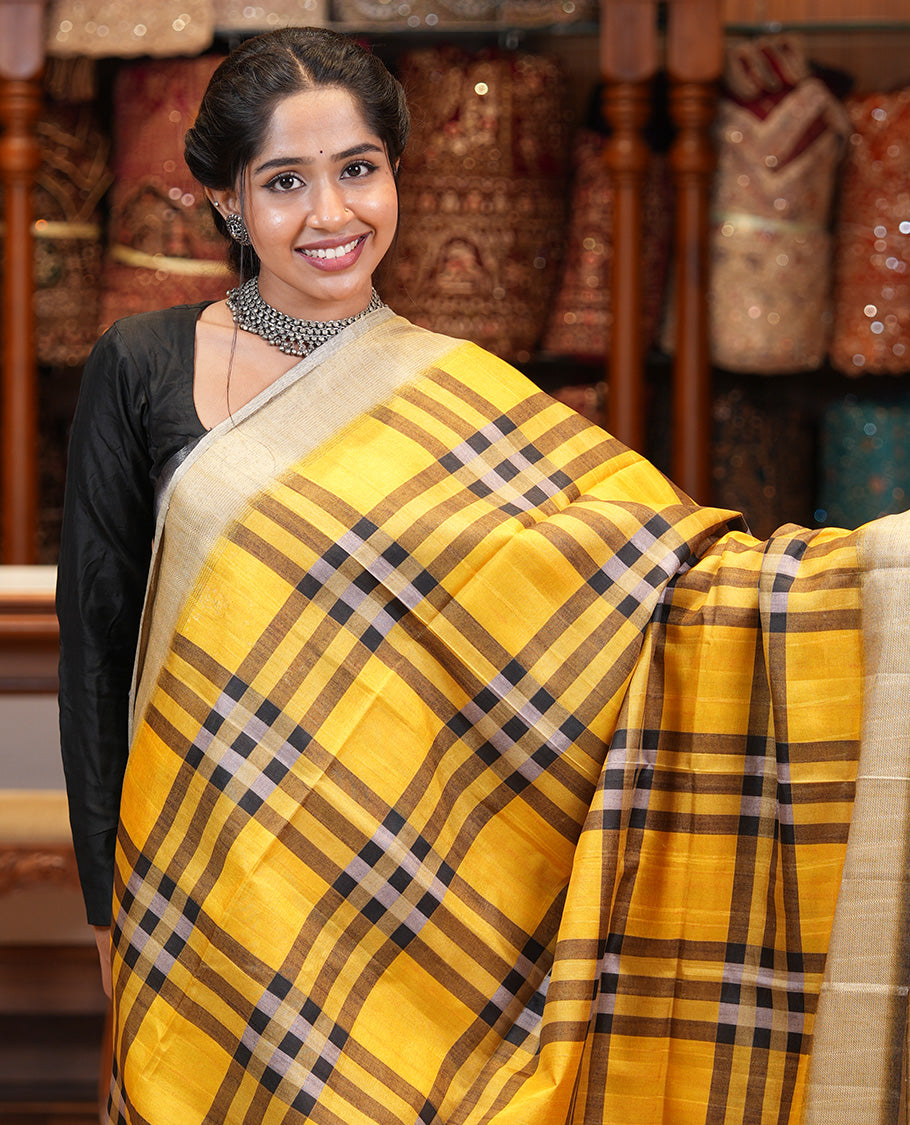 Yellow Fancy Tussar Silk Saree