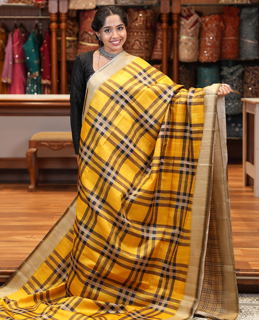 Yellow Fancy Tussar Silk Saree