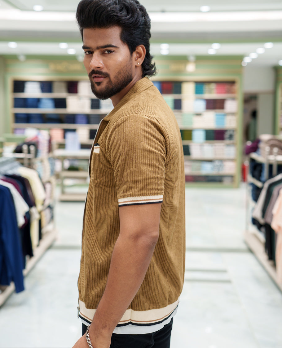 Khaki Corduroy Jacket, Featuring Sparse Stripes, a Polo Collar, Half Sleeves, Regular Fit, and Regular Length