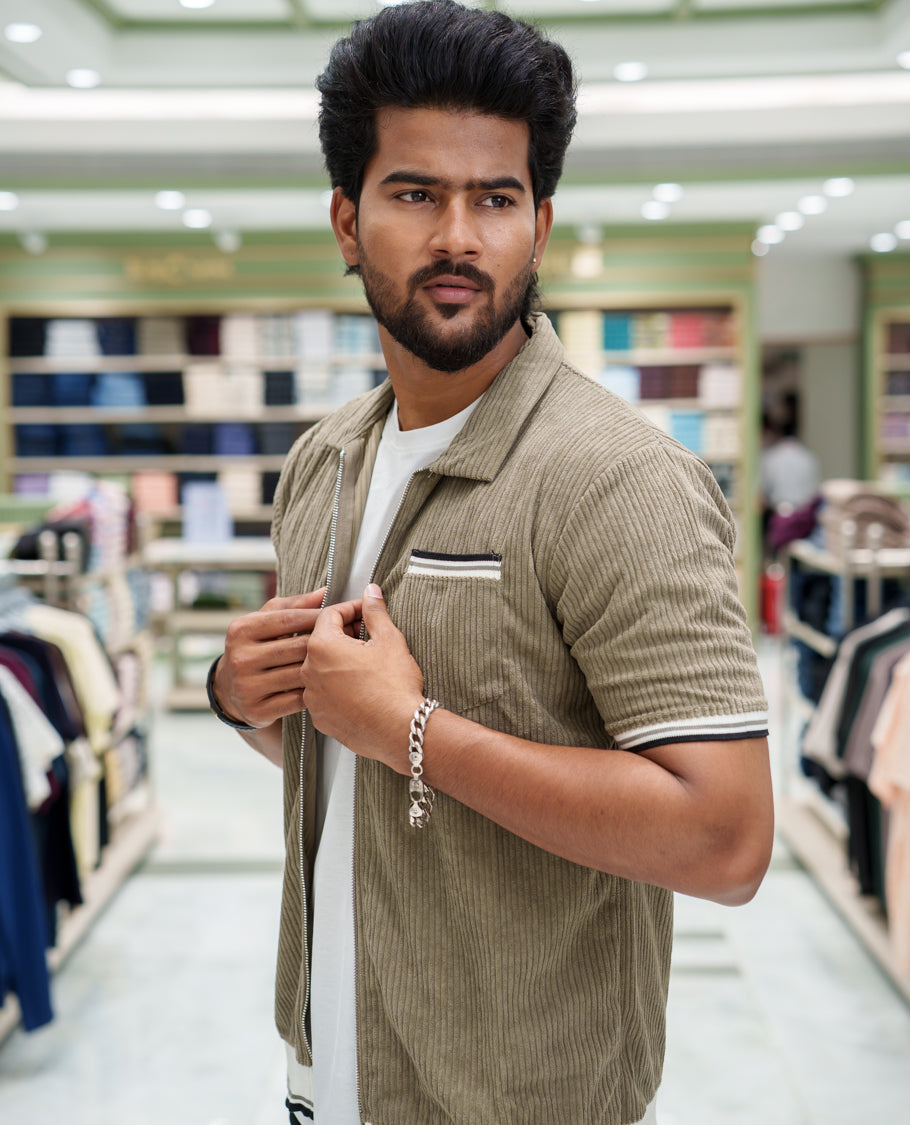 Green Corduroy Jacket, Featuring Sparse Stripes, a Polo Collar, Half Sleeves, Regular Fit, and Regular Length
