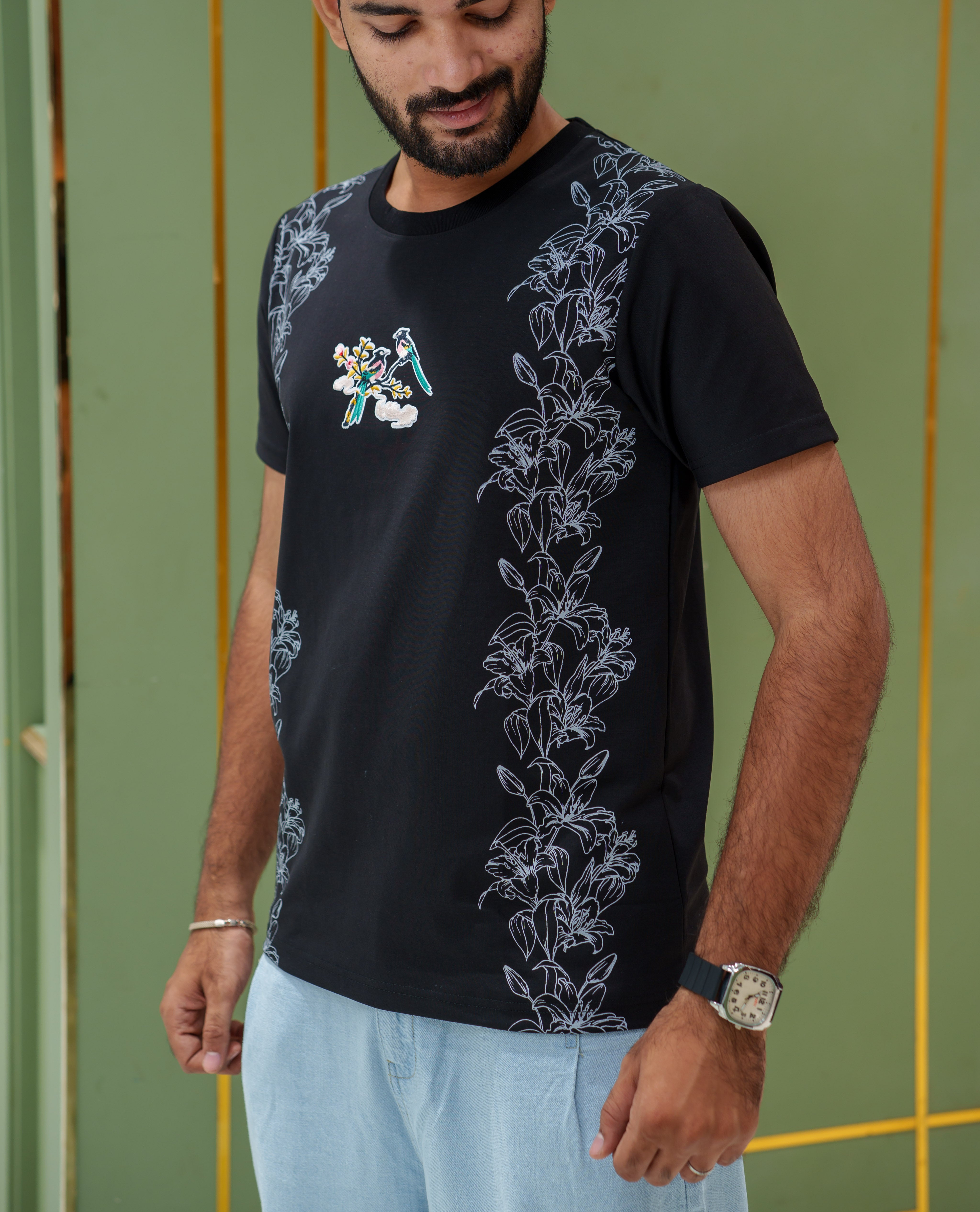Black Cotton-Blended T-Shirt, Featuring Floral-Bird Motifs Print, a Crew Neck, Half Sleeves, Slim Fit, and Regular Length