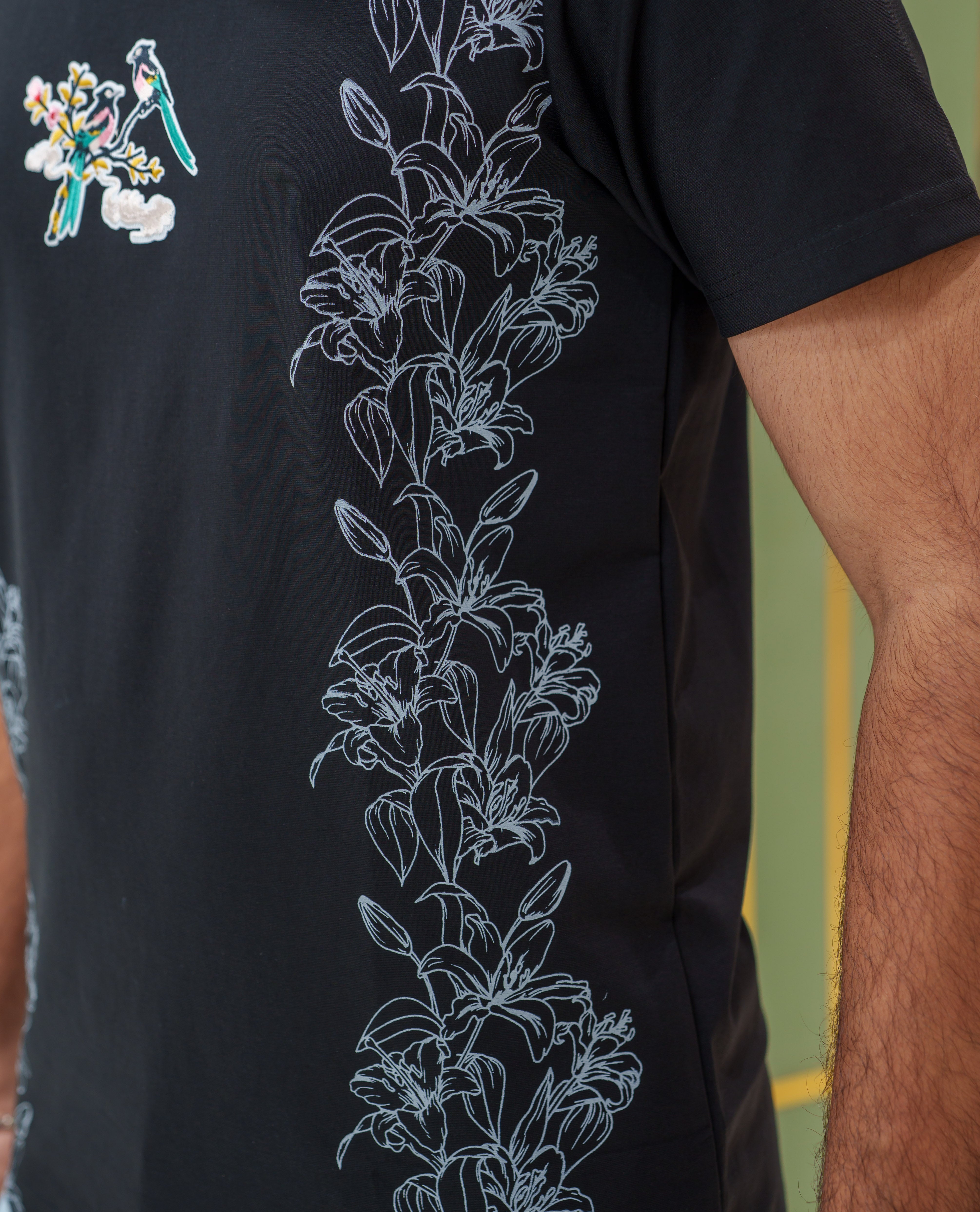 Black Cotton-Blended T-Shirt, Featuring Floral-Bird Motifs Print, a Crew Neck, Half Sleeves, Slim Fit, and Regular Length