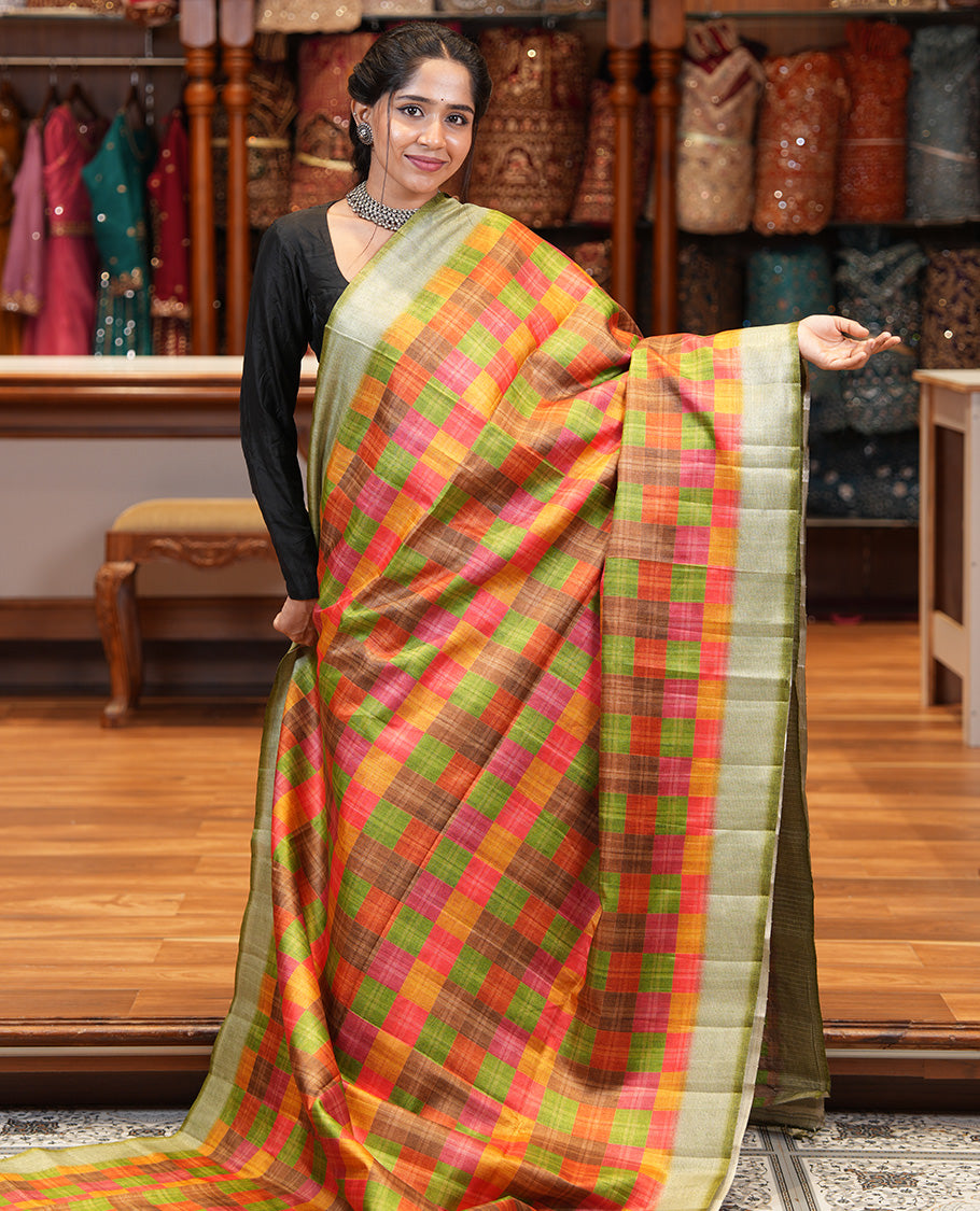 Olive Green Fancy Tussar Silk Saree